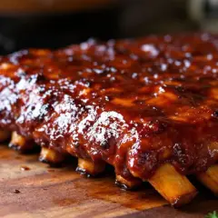 Un plat appétissant de travers de porc glacés à la sauce barbecue, posé sur une planche en bois.