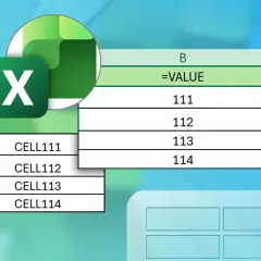 Logo Excel i arkusz kalkulacyjny z danymi. W komórce B2 formuła =VALUE, poniżej liczby 111-114. Obok dane CELL111-CELL114.