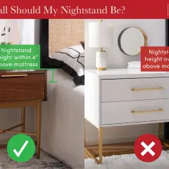 Choosing the right nightstand height is key. One is shown within 4" of the mattress, the other is too high.