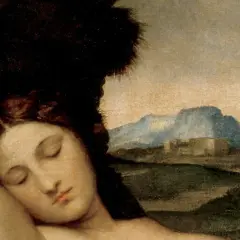 A sleeping Venus rests peacefully, her arm behind her head, amidst a serene landscape with distant mountains and a lone tree.