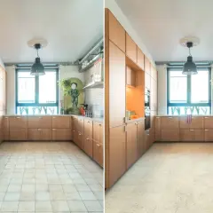 Cucina moderna con mobili in legno e un nuovo pavimento moderno, un esempio di come cambiare pavimento senza spostare mobili.