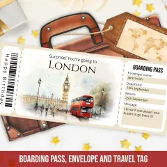 Karta pokładowa z napisem "Surprise! You're going to LONDON" i widokiem na czerwony autobus i Big Ben. Obok prezent i brązowa metka podróżna.