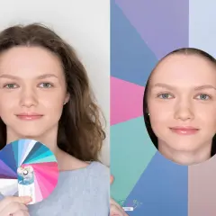 Kobieta z kołem kolorów, które sugeruje jej typ urody "przygaszone lato". Po prawej jej twarz wyłania się z geometrycznego tła w pastelowych barwach.