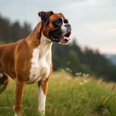 A muscular boxer dog stands alert in a grassy field. This breed is known for its stamina, but how fast should a boxer run 3 miles?
