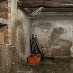 W piwnicy widać pękniętą rurę, z której cieknie woda. Na półce stoją słoiki, a obok karton.