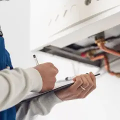 Serwisant notuje, ile kosztuje czyszczenie pieca gazowego, podczas przeglądu instalacji.
