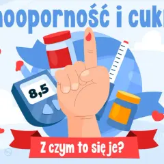 Insulinooporność a cukrzyca: badanie poziomu glukozy glukometrem, kropla krwi na palcu, strzykawka i leki.