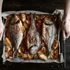 Tres pescados dorados al horno, acompañados de rodajas de limón, tomates cherry y ajos, listos para servir.