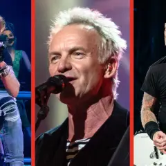Trzy portrety muzyków: Axl Rose, Sting i James Hetfield na scenie.