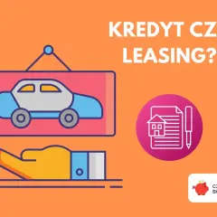 Kredyt czy leasing? Wybierz najlepszą opcję na **auto na raty**. Ilustracja przedstawia samochód, rękę i dokumenty.