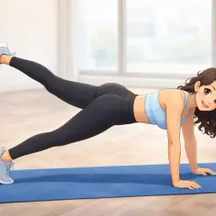 Une jeune femme fait un exercice de gainage à la maison, une jambe levée pour renforcer son dos.