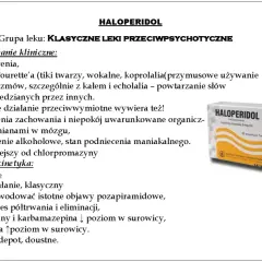 Opis leku **haloperidol**, klasycznego leku przeciwpsychotycznego, stosowanego m.in. w schizofrenii i zespole Tourette'a. Widoczna paczka leku.