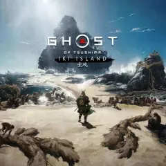Samuraj w zbroi stoi na plaży, otoczony przez stado małp. W tle widać skaliste wybrzeże i logo gry "Ghost of Tsushima: Iki Island".