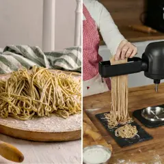Domowy makaron spaghetti powstaje dzięki nowoczesnej maszynie. Na talerzu świeży, pachnący makaron.