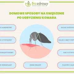 Grafika pokazuje komara gryzącego skórę, wywołując swędzenie. Przedstawia domowe sposoby na uczulenie na komary, np. olejki i zimne okłady.