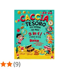 Copertina colorata per giochi caccia al tesoro per bambini, con bambini che cercano indizi e un forziere aperto.