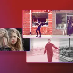 Collage of video clips: two girls, a pixelated figure, a woman exiting a shop, and a man on a rooftop. These could be used as after effects overlays.