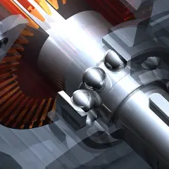 Mechanizm z zębatkami i kulkami łożyskowymi. Centralna oś obraca się, napędzając zębatki.