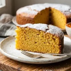 Una fetta di torta di carote soffice e profumata, cosparsa di zucchero a velo, su un piatto con una forchetta. Sullo sfondo, la torta intera e una ciotola di carote grattugiate.