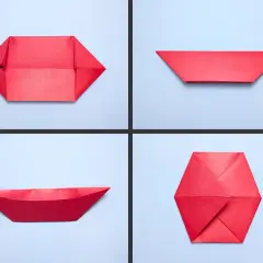 Instrukcja krok po kroku, jak złożyć czerwony statek z papieru. Widać kolejne etapy tworzenia origami.