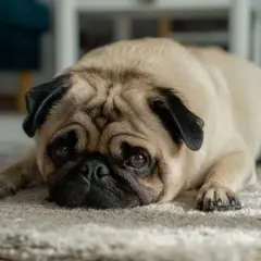 Smutny mops pies leży na dywanie, zamyślony i lekko zrezygnowany. Jego zmarszczki dodają mu uroku.