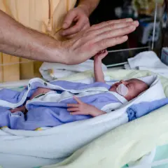 Dłoń ojca czule dotyka maleńkiego noworodka z hipotrofią, otulonego w kocyki w inkubatorze.