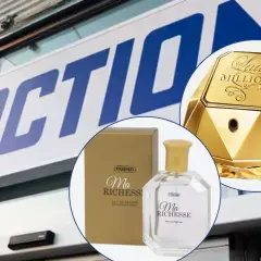 Złota butelka perfum Lady Million Lucky i perfumy Ma Richesse na tle sklepu Action.