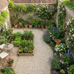 Un charmant aménagement extérieur avec un potager, des roses grimpantes, de la lavande et un coin salon.