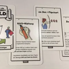 Karten für Flipchart-Vorlagen kostenlos: "Werde ein Flipchart Held", "Stift-Haltung", "Ein Ziel / Flipchart", "Zeichne vor".
