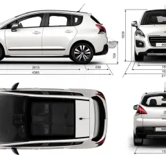 Biały Peugeot 3008 z 2010 roku widziany z przodu, boku, tyłu i z góry, z wymiarami.