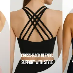 Three women's backs showcasing different sports bra styles: racerback, cross-back, and U-back. Perfect for your next DIY sports bra project!