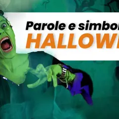Una strega verde con occhiali e un cane vampiro, circondati da fumo verde. Il testo "Parole e simboli di HALLOWEEN" è in primo piano.