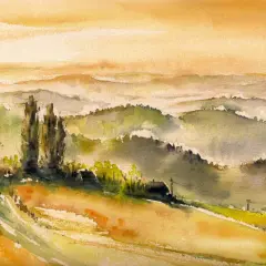 Paesaggio collinare con cipressi e case, reso con delicate velature di pittura ad acquerello che creano un'atmosfera sognante.