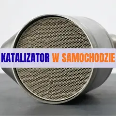 Metalowy element z siatką o sześciokątnych oczkach, przypominający wnętrze katalizatora. Tekst na zdjęciu: "KATALIZATOR W SAMOCHODZIE".