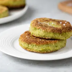 Due hamburger di broccoli dorati e croccanti, cosparsi di sale grosso, su un piatto bianco.