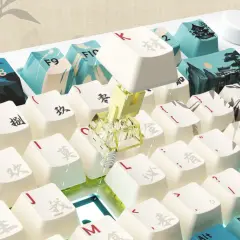 Nahaufnahme einer weißen Tastatur mit chinesischen Schriftzeichen und Bambusmotiven. Eine Taste mit einem gelben Schalter ist sichtbar, was auf ein rapid trigger keyboard hindeutet.