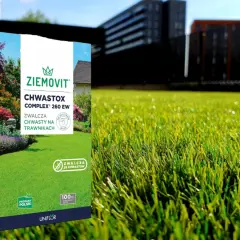 Opakowanie środka Chwastox Complex 260 EW na tle zielonego trawnika i budynków.