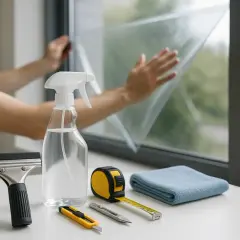 Person bringt sonnenschutzfolie an. Werkzeuge wie Rakel, Messer, Maßband und Tuch liegen bereit.