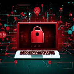 Laptop z czerwonym symbolem kłódki na ekranie, otoczony cyfrowym, futurystycznym obwodem. To wizualizacja bezpieczeństwa danych i ochrony przed cyberatakami.