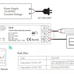 Schemat podłączenia zasilacza LED 12-24VDC do kontrolera V2-S, taśmy LED dwukolorowej, pilota CCT i przycisku.
