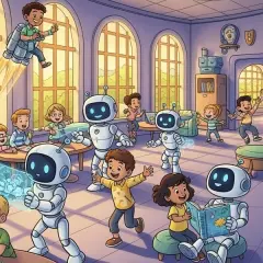 Kinder lernen in einer lebendigen Klasse mit Robotern und einer Lehrerin, die Gitarre spielt. Ein Junge fliegt mit einem Jetpack. Dies ist eine Vision der Schule in der Zukunft.