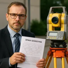 Mężczyzna w garniturze trzyma opinię geodezyjną obok tachimetru geodezyjnego.