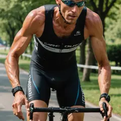 Intensywnie ćwiczący triathlonista na rowerze, z widocznymi mięśniami i spoconym ciałem.