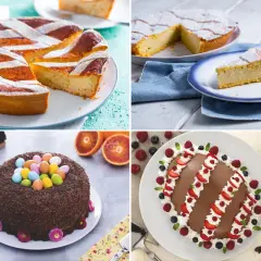 I migliori dolci di Pasqua: crostate decorate, torta al cioccolato con uova e un dolce a forma di uovo con frutta fresca.