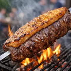 Une succulente picanha grillée sur des braises ardentes, dégageant une fumée alléchante. La viande est saisie à la perfection, prête à être dégustée.
