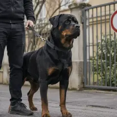 Un imposant Rottweiler, fier représentant de sa catégorie, se tient en laisse aux côtés de son maître.