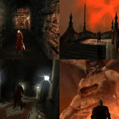 Dante w czerwonym płaszczu przemierza mroczne korytarze i staje przed gigantycznym posągiem w świecie Devil May Cry 1.