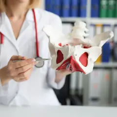 Lekarka pokazuje model miednicy, omawiając pęknięcie krocza 2 stopnia.