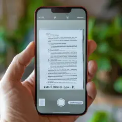 Skanowanie dokumentu telefonem, by sprawdzić, czy można wydrukować z telefonu. Widoczny ekran smartfona z aplikacją do skanowania.
