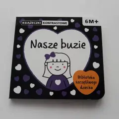 Książeczki kontrastowe "Nasze buzie" od 6M+. Urocza okładka z rysunkiem dziewczynki i serduszkami.